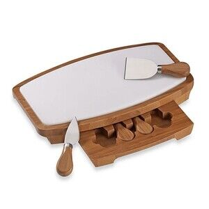 B. SMITH Bamboo & Marble Cheese Board Set w/ Utensils Hidden Storage Tray